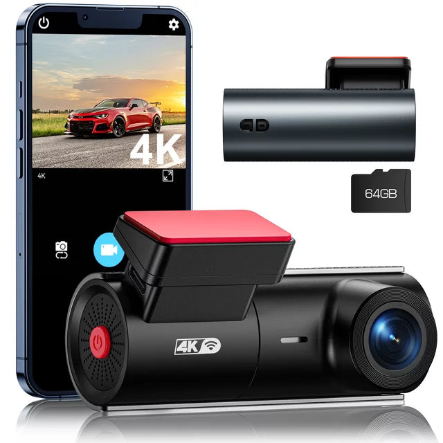 LAMTTO Dash Cam 4K Wifi 2160P Car Camera Mini Front Dash Camera for Cars with Night Vision 64GB SD Card, APP Control, Voice Prompt, G-Sensor, Parking Monitor