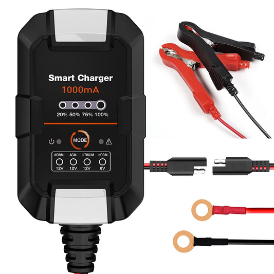 NEXPOW Battery Charger - 6V/12V 1A Trickle Charger, Battery Maintainer for Car Motorcycle