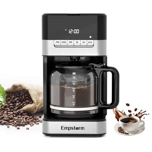 Empstorm Drip coffee maker 12 cups with reusable filter, 1.8L large capacity, timing function, heat preservation function and 4-hour automatic shutdown function (drip coffee maker)