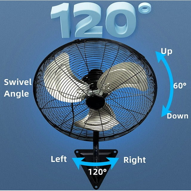 20” Industrial Household Wall-Mount Fan with 3-Speed，120 Degree Oscillating Wall Mounted Fan, 5000 CFM,High Velocity for Household, Commercial Use - ETL Listed, Black