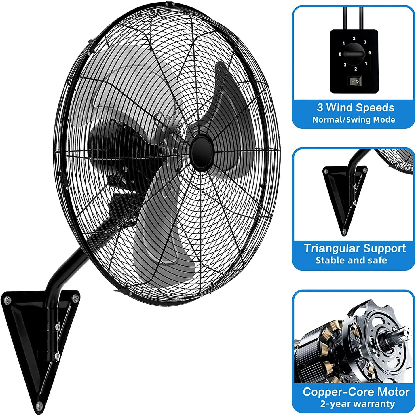 20” Industrial Household Wall-Mount Fan with 3-Speed，120 Degree Oscillating Wall Mounted Fan, 5000 CFM,High Velocity for Household, Commercial Use - ETL Listed, Black