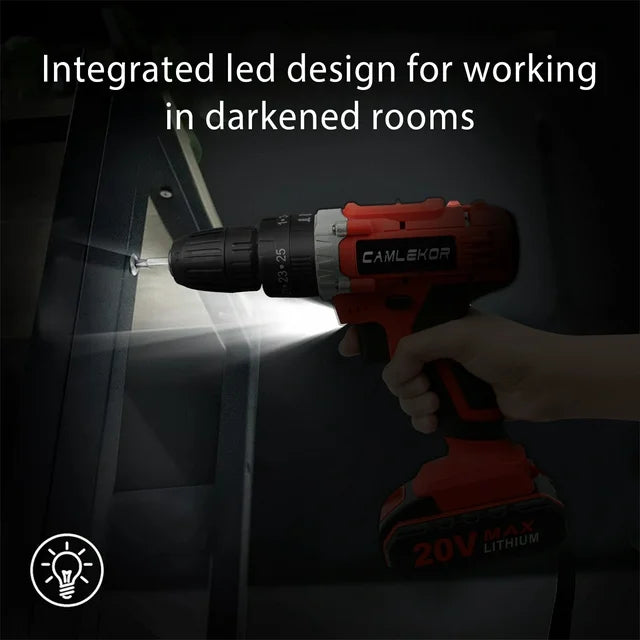 Camlekor Cordless Drill 20V, Electric Power Drill Set 3/8'' Impact Drill, 2 Variable Speeds & 25+3 Position Setting with LED Work Light