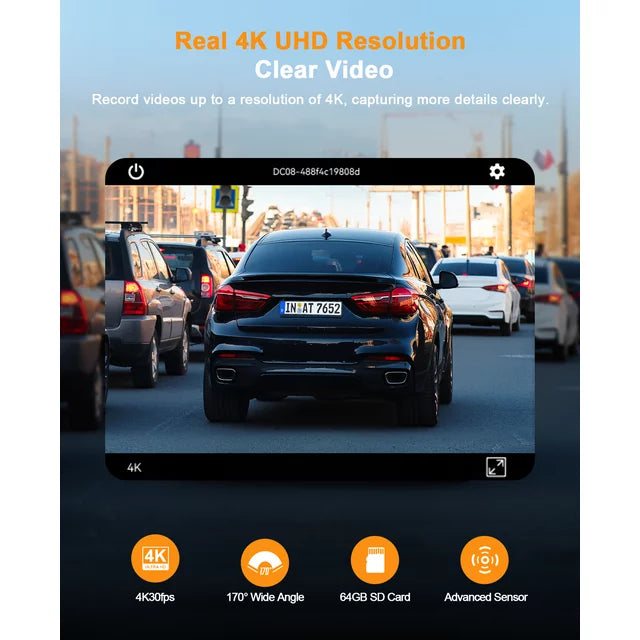 LAMTTO Dash Cam 4K Wifi 2160P Car Camera Mini Front Dash Camera for Cars with Night Vision 64GB SD Card, APP Control, Voice Prompt, G-Sensor, Parking Monitor