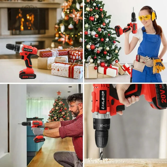 Camlekor Cordless Drill 20V, Electric Power Drill Set 3/8'' Impact Drill, 2 Variable Speeds & 25+3 Position Setting with LED Work Light