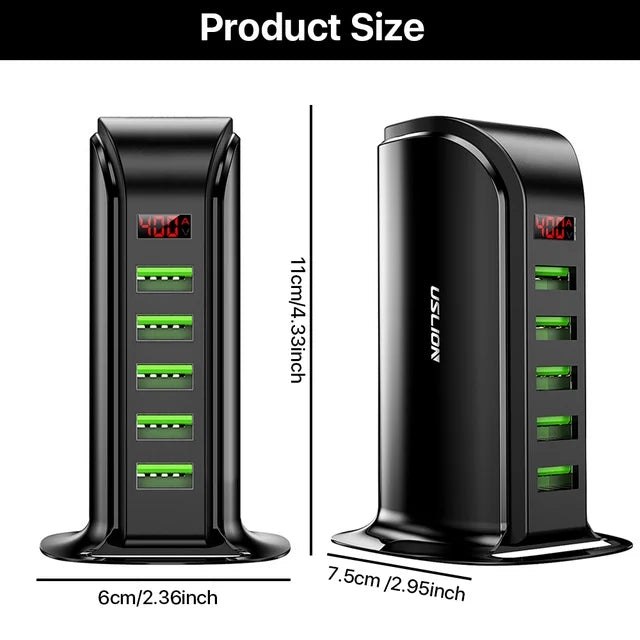 PLUSBRAVO USB Charging Station for Multiple Devices 5 USB Ports Electric Desktop Charger Station for iPhone Cell Phone Samsung MacBook