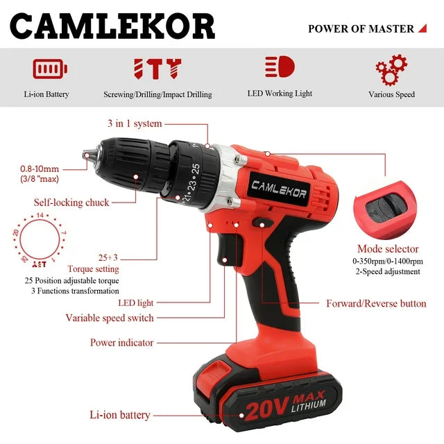 Camlekor Cordless Drill 20V, Electric Power Drill Set 3/8'' Impact Drill, 2 Variable Speeds & 25+3 Position Setting with LED Work Light