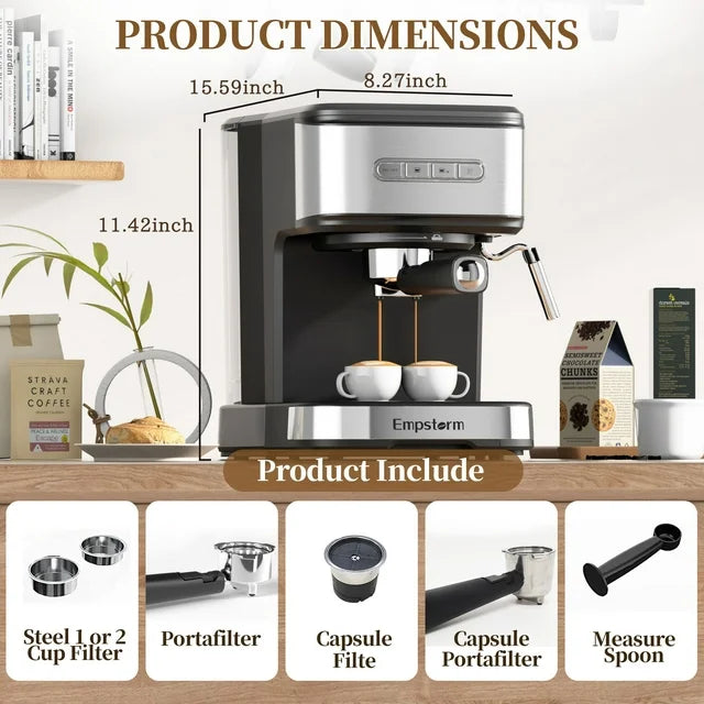 Empstorm Espresso Machine 20 Bar, Espresso Coffee Maker with Milk Frother Steam Wand, Semi-Automatic Dual-nozzle Espresso Machine,Automatic power-off Function (Espresso Machine)