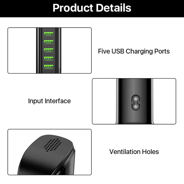 PLUSBRAVO USB Charging Station for Multiple Devices 5 USB Ports Electric Desktop Charger Station for iPhone Cell Phone Samsung MacBook