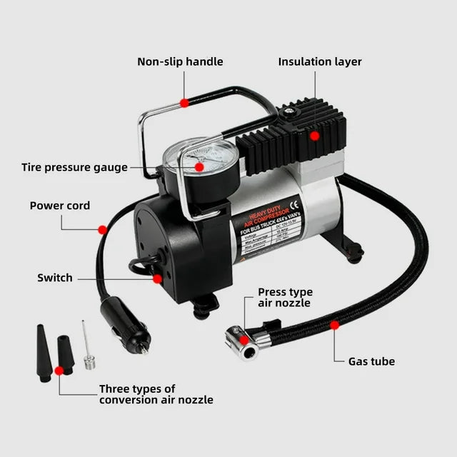 Coolwave Horizontal Bar Car Pump Car Pump Multi-function Electric Air Pump 12V Metal Single Cylinder Mini Portable for Cars, Bicycles, Motorcycles, Basketball