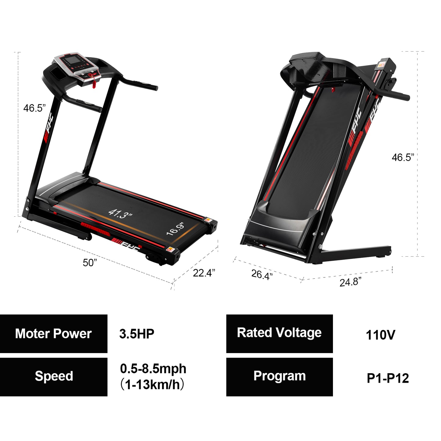 CIYOYO Folding Treadmills for Home, 3.5HP Electric Treadmill with Incline for Running Walking Jogging Exercise, 12 Preset Programs, 300LBS Max Whight