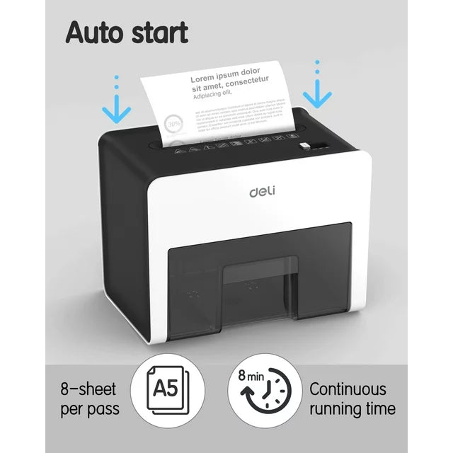 Deli 8-Sheet Paper Shredder Home Office Use Shredder, Mini Desktop Crosscut Shredder with 0.7 Gallon Bin Shred Credit Card/Mail/Staple/Clip, P-4 Security Paper Cutter, White