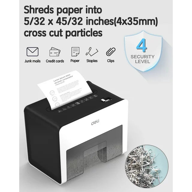 Deli 8-Sheet Paper Shredder Home Office Use Shredder, Mini Desktop Crosscut Shredder with 0.7 Gallon Bin Shred Credit Card/Mail/Staple/Clip, P-4 Security Paper Cutter, White